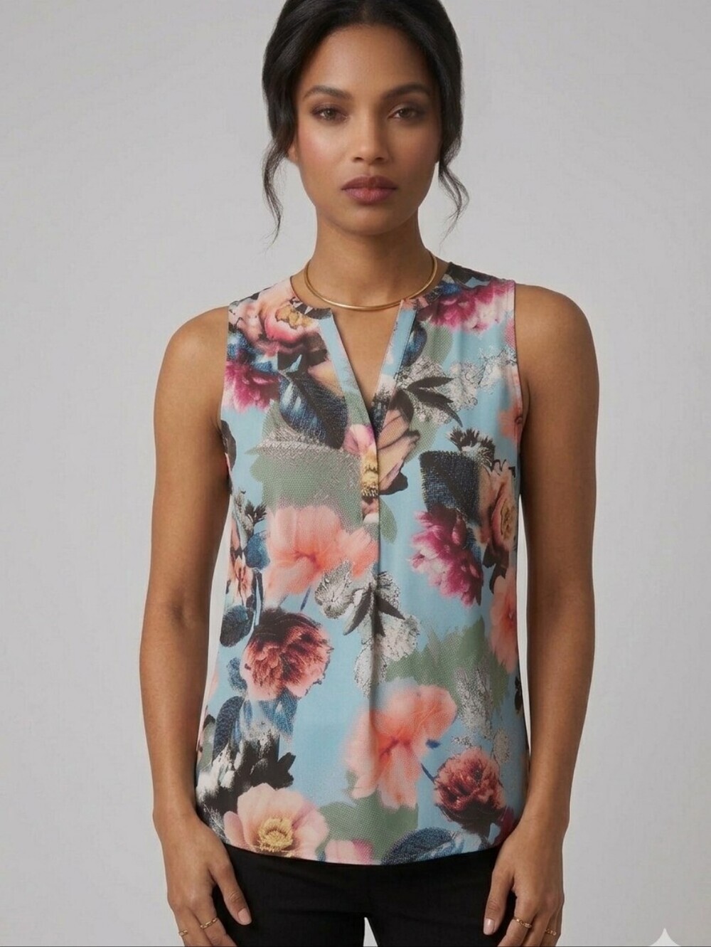 Tristan Floral Sleeveless Blouse Medium Made in Canada Blue Pink Watercolor Prin